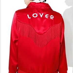Valfre size small red satin bomber jacket with fringe only worn once